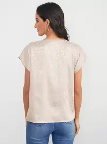 SHEIN Clasi 蝙蝠袖豹紋提花緞面上衣 - 米色 - 查看 2