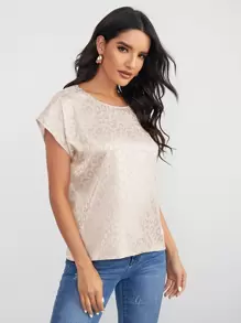 SHEIN Clasi 蝙蝠袖豹紋提花緞面上衣 - 米色 - 查看 3