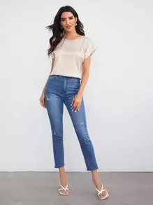 SHEIN Clasi 蝙蝠袖豹紋提花緞面上衣 - 米色 - 查看 5