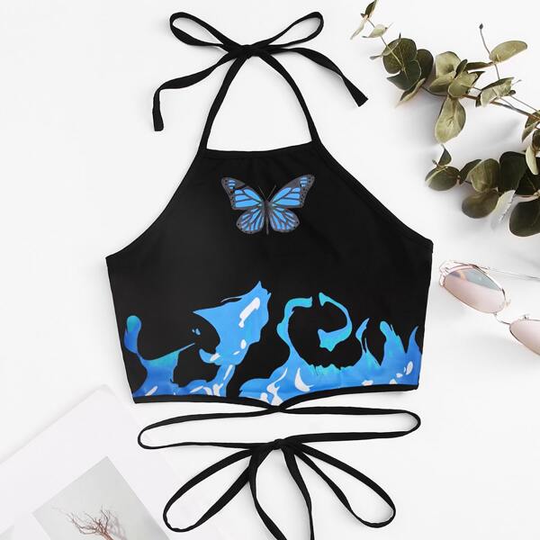 

Butterfly Print Tie Back Halter Top, Black