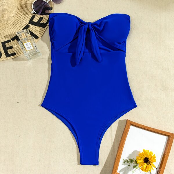 

Cut-out Knot Front Bandeau One Piece Swimsuit, Royal blue
