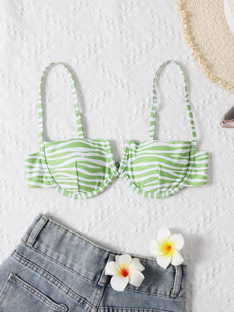 Zebra Stripe V Wired Underwire Bikini Top - Green - View 1