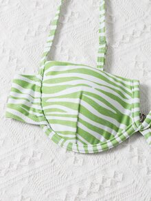 Zebra Stripe V Wired Underwire Bikini Top - Green - View 5