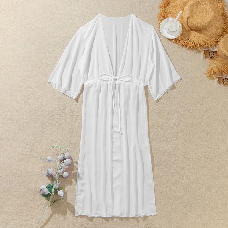 

Drawstring Waist Kimono, White