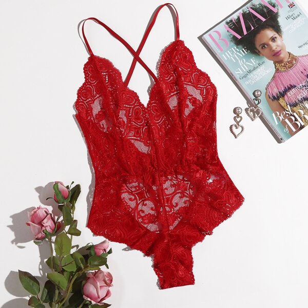 

Floral Lace Teddy Bodysuit, Red