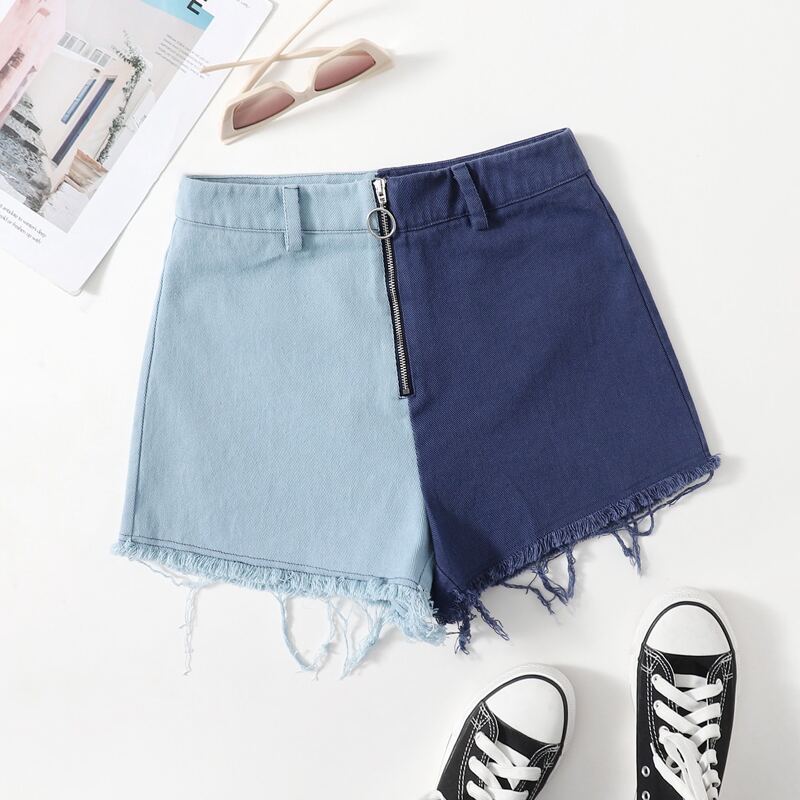 

O-ring Zipper Fly Raw Hem Colorblock Shorts, Multicolor