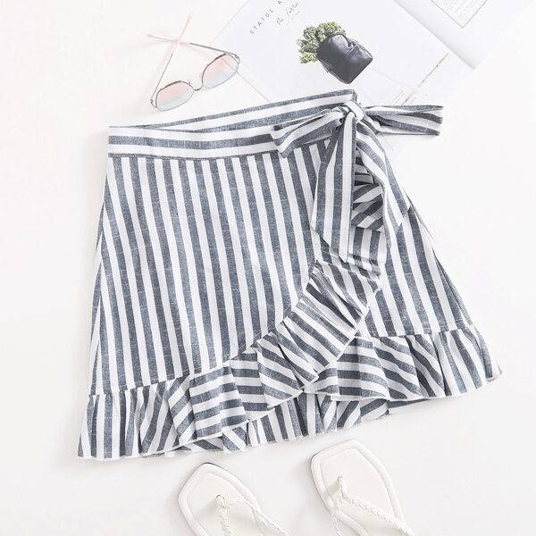

Ruffle Hem Wrap Knot Striped Skirt, Multicolor