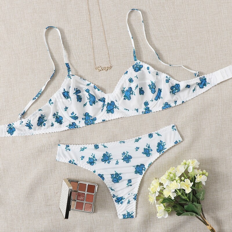

Floral Print Mesh Underwire Lingerie Set, Blue and white