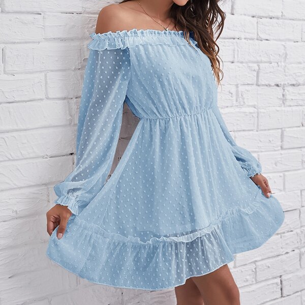 

Off Shoulder Ruffle Hem Chiffon Dress, Baby blue