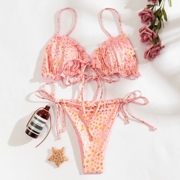 

Allover Print Frill Trim Thong Bikini Swimsuit, Pastel coral pink