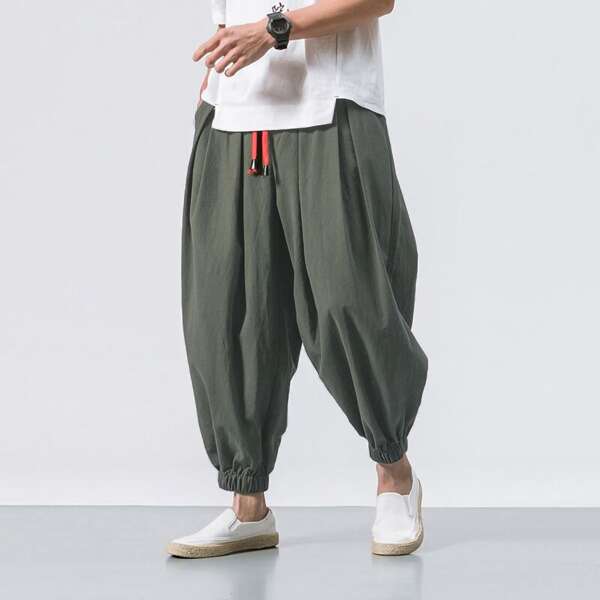 

Men Drawstring Waist Harem Pants, Army green