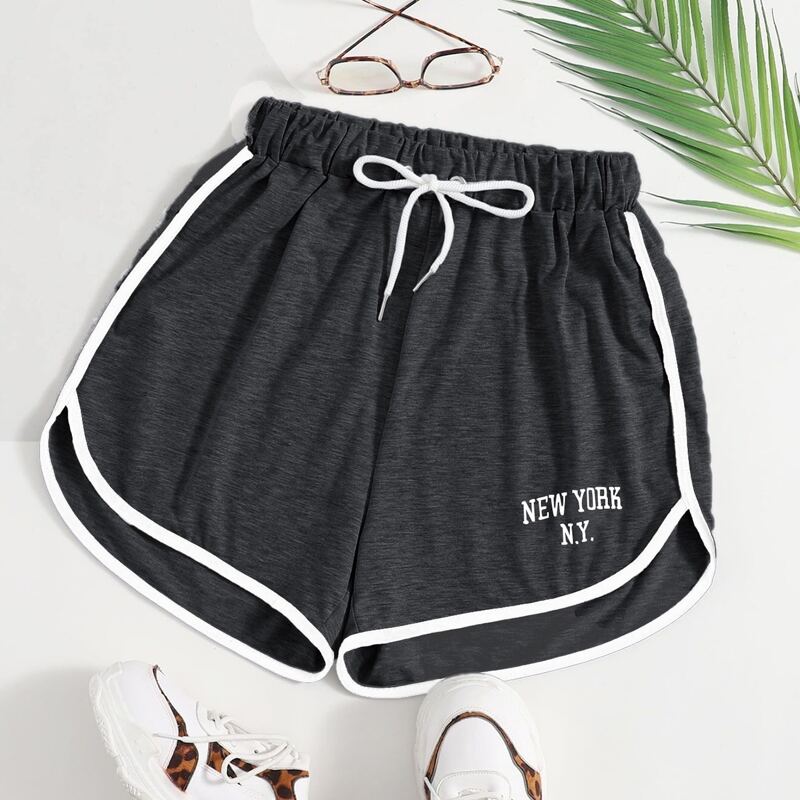 

Letter Graphic Contrast Binding Drawstring Shorts, Dark grey