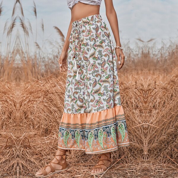 

Paisley Print Ruffle Hem Slit Skirt, Multicolor