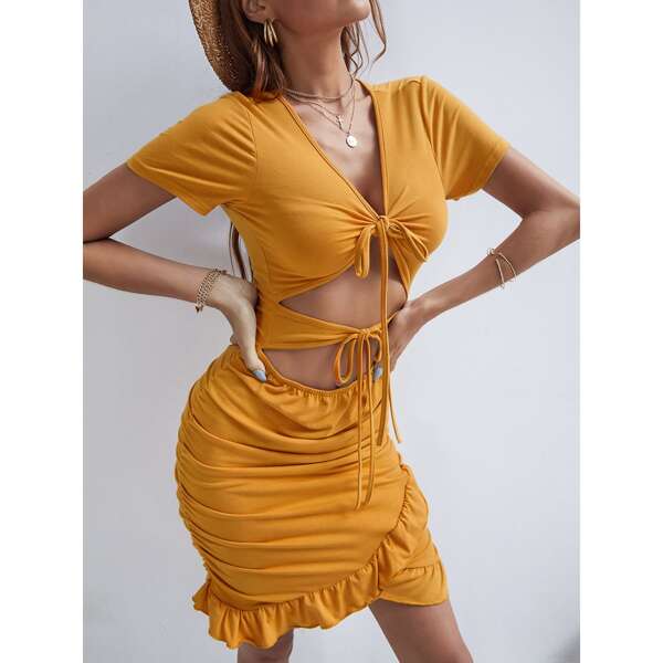 

Solid Tie Front Peekaboo Bodycon Dress, Mustard yellow