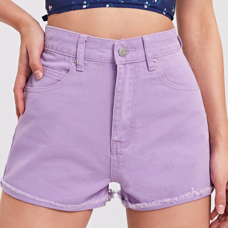 

Zipper Fly Raw Hem Solid Denim Shorts, Lilac purple