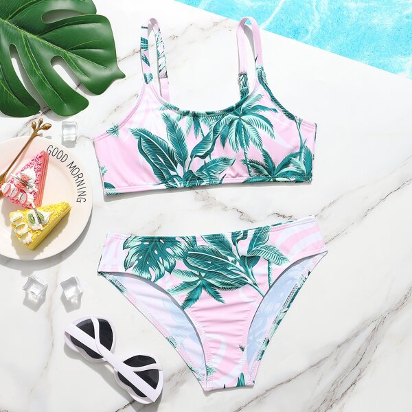 

Girls Palm Tree Pattern Bikini Swimsuit, Multicolor