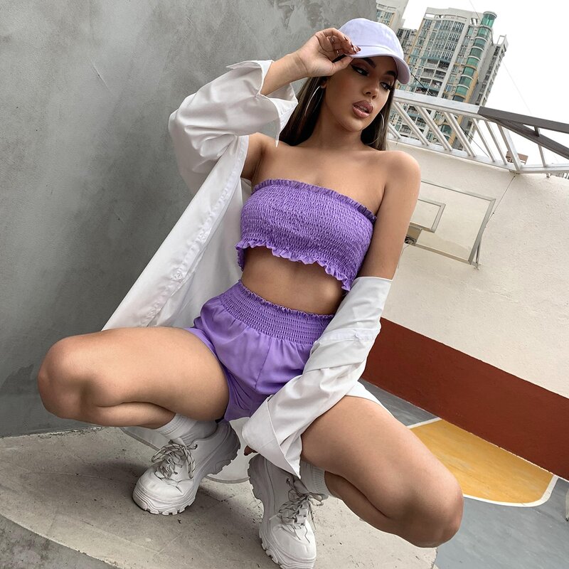 

Frill Trim Shirred Crop Tube Top & Shorts Set, Violet purple