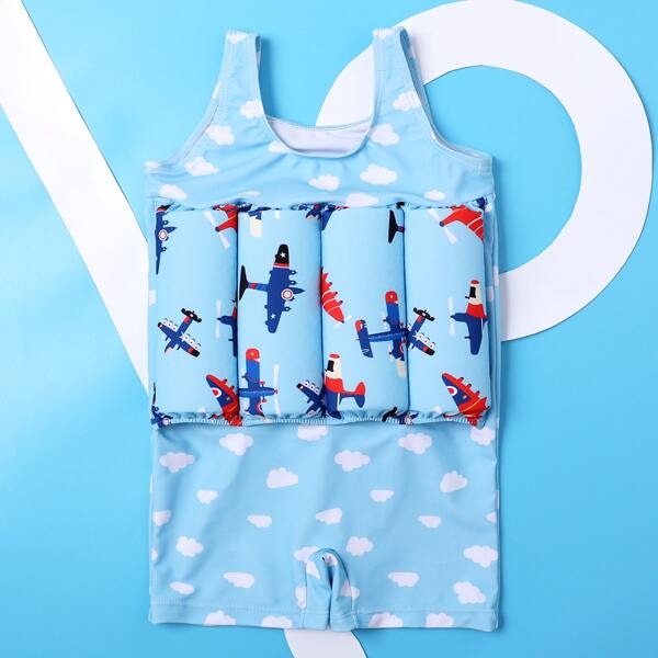 

Toddler Boys Airplane & Cloud Print One Piece Swimsuit, Baby blue