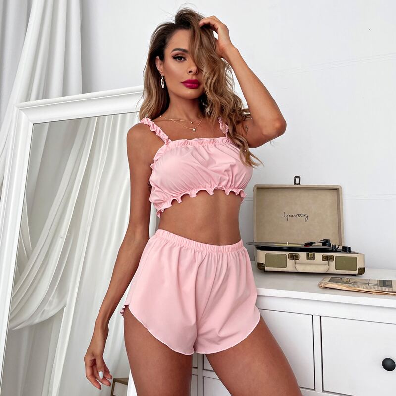 

Ruffle Trim Crop Cami Top & Shorts PJ Set, Baby pink