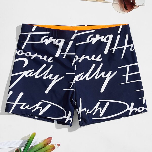 

Men Letter Graphic Drawstring Swim Trunks, Blue and white