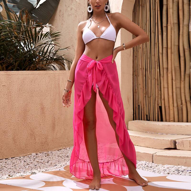 

Mesh Ruffle Trim Knot Cover Up Skirt, Hot pink