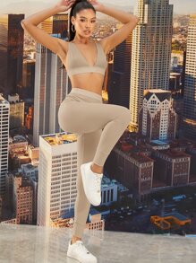 SHEIN BAE Conjunto top tank de espalda abierta con leggings de cintura alta - Caqui - Ver 5