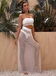 3packs Bandeau Bikini Set & Dobby Mesh Cover Up Skirt, For Summer Beach Vacation