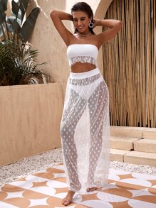 3packs Bandeau Bikini Set & Dobby Mesh Cover Up Skirt, For Summer Beach Vacation