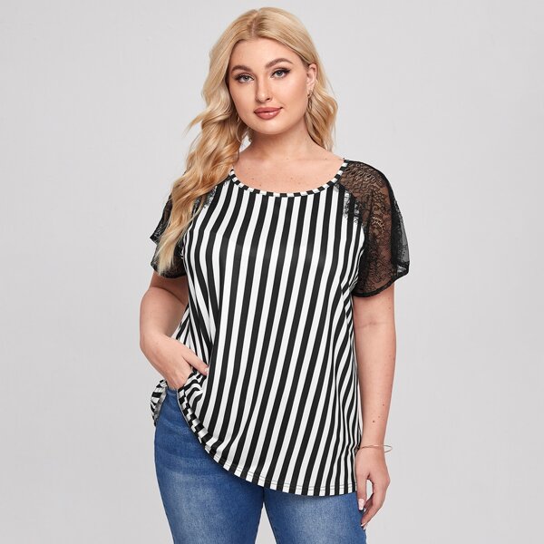 

Plus Contrast Lace Vertical Stripe Blouse, Black and white