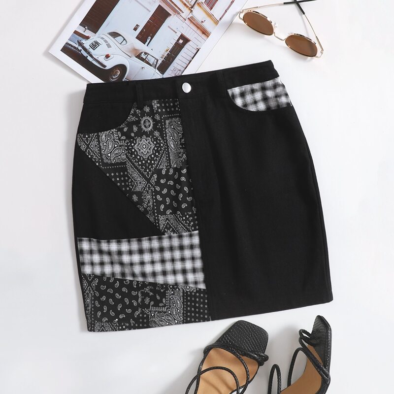 

Paisley and Plaid Print Skirt, Black