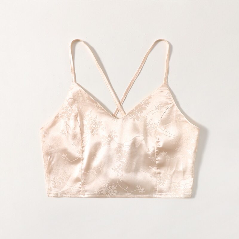 

Satin Jacquard Lace Up Crop Cami, Beige