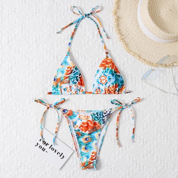 

Leopard & Peacock Tail Print Triangle Bikini Swimsuit, Multicolor