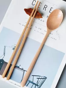 2pcs Wooden Spoon & Chopstick Set, Japanese Style Flatware Set For Dining - Beige - View 1