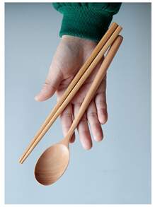 2pcs Wooden Spoon & Chopstick Set, Japanese Style Flatware Set For Dining - Beige - View 3