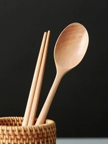 2pcs Wooden Spoon & Chopstick Set, Japanese Style Flatware Set For Dining - Beige - View 4