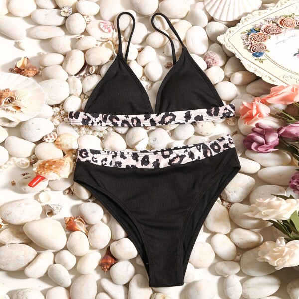 

Leopard Triangle Bikini Swimsuit, Black