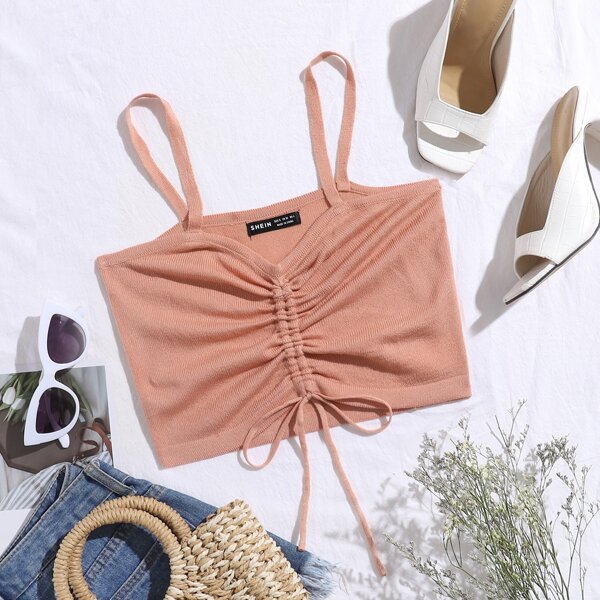 

Drawstring Ruched Knit Top, Dusty pink
