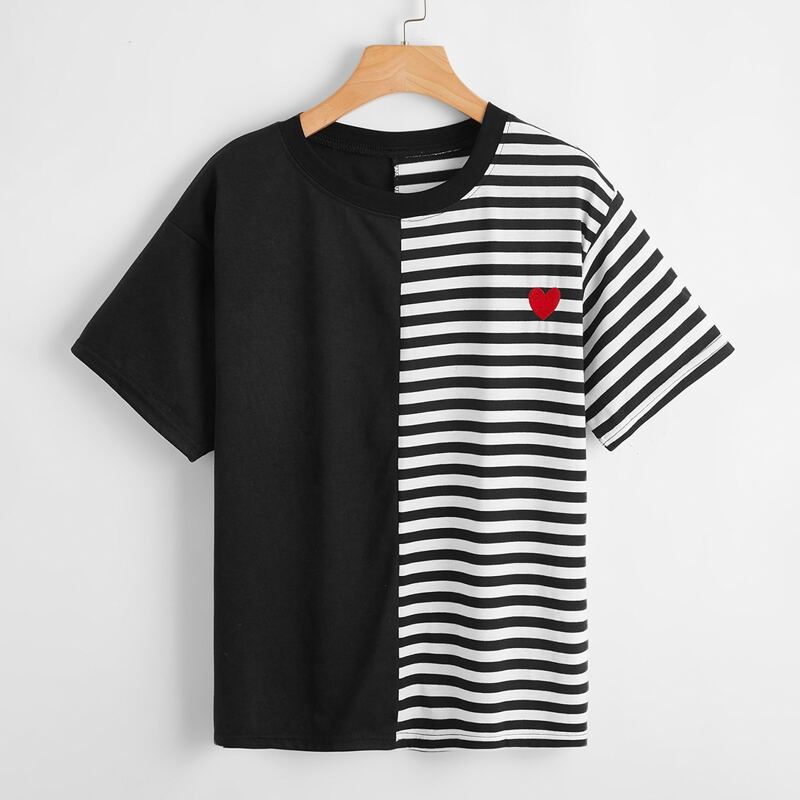 

Contrast Plaid Heart Embroidery Tee, Multicolor