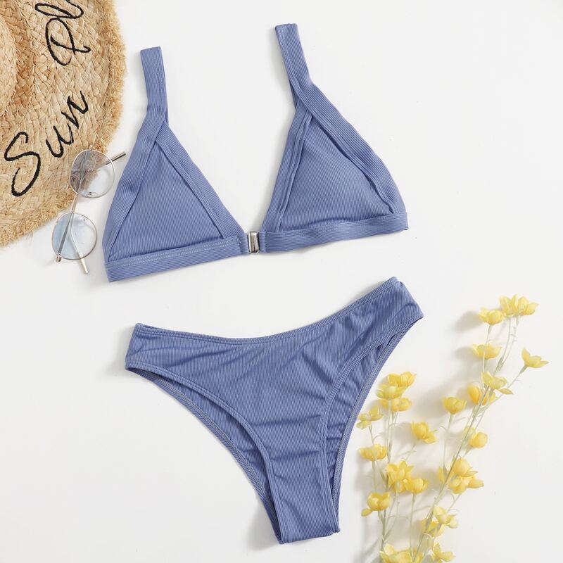 Solid Triangle Bikini Swimsuit, Blue