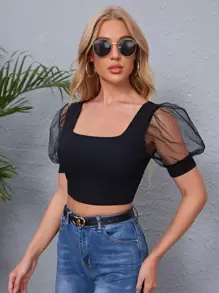 SHEIN Privé 方領泡泡袖上衣 - 黑色 - 查看 4