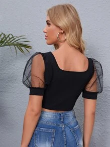 SHEIN Privé 方領泡泡袖上衣 - 黑色 - 查看 3