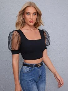 SHEIN Privé 方領泡泡袖上衣 - 黑色 - 查看 5