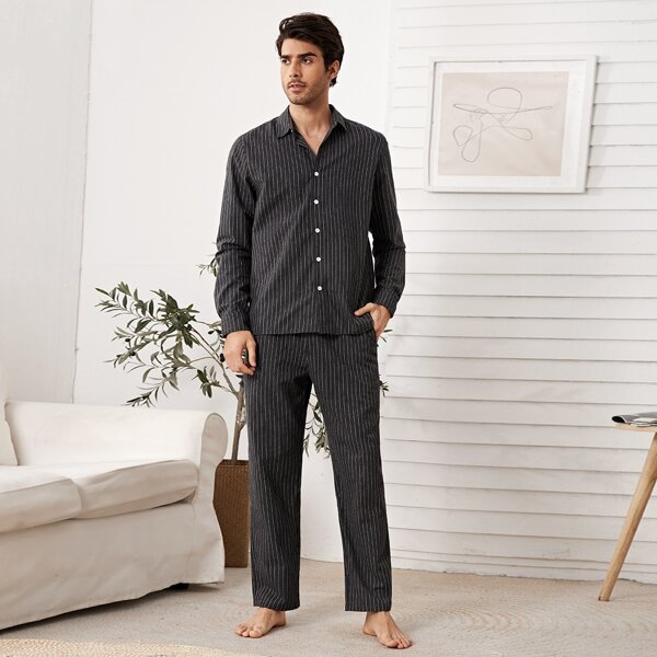 

Men Stripe Shirt & Pocket Side Pants PJ Set, Dark grey