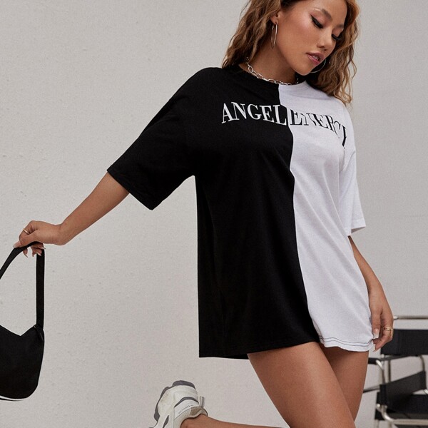 

Two Tone Slogan Print Oversized Tee, Black and white
