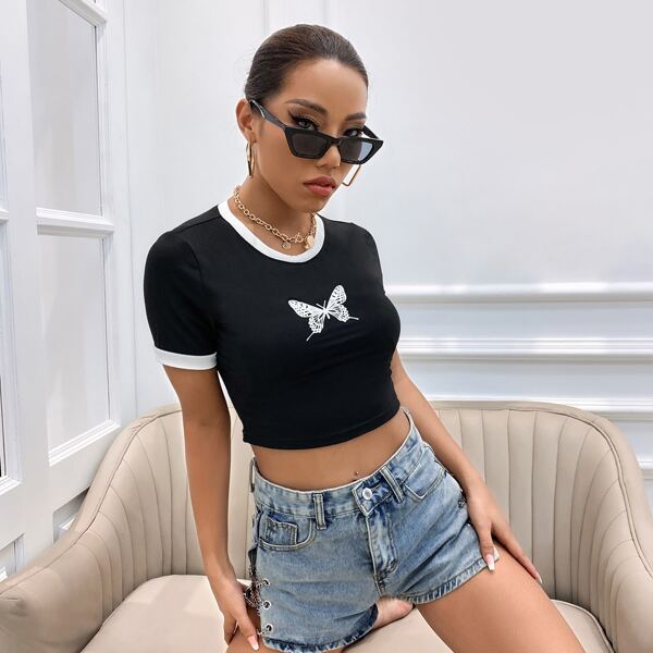 

Butterfly Print Ringer Tee, Black