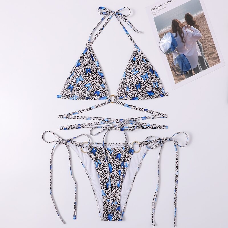 

Leopard & Butterfly Print Criss Cross Bikini Swimsuit, Multicolor