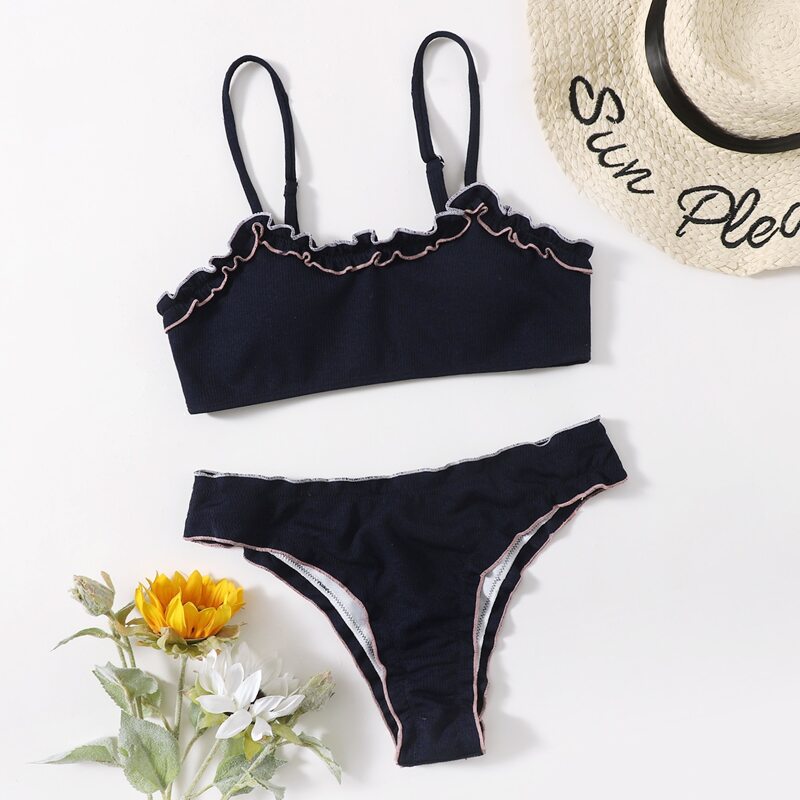 

Frill Trim Bikini Swimsuit, Navy blue