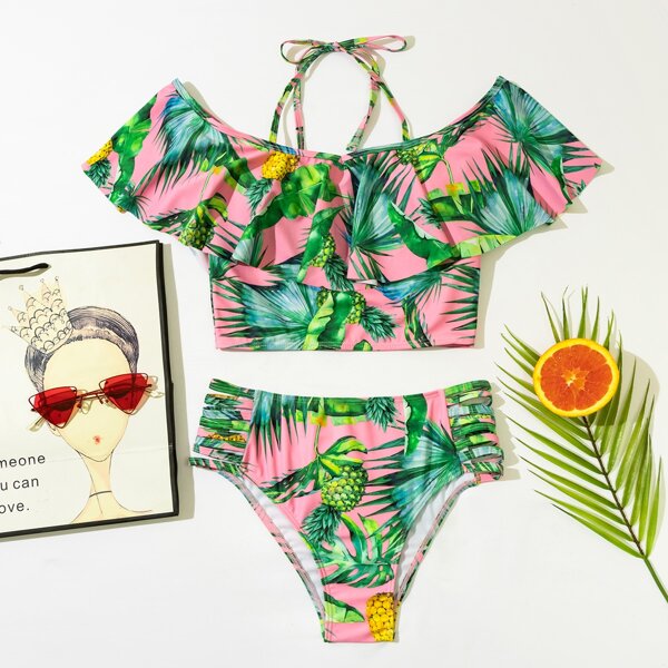 

Tropical Flounce Halter Bikini Swimsuit, Multicolor