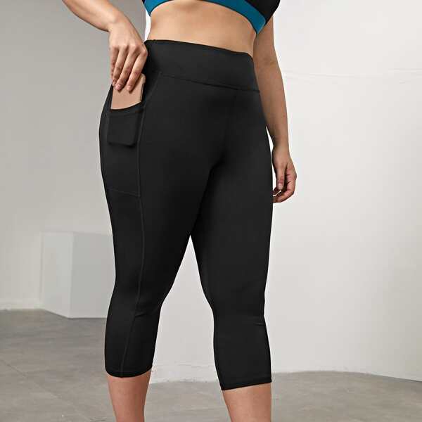 

Plus High Stretch Capris Sports Leggings With Phone Pocket, Black