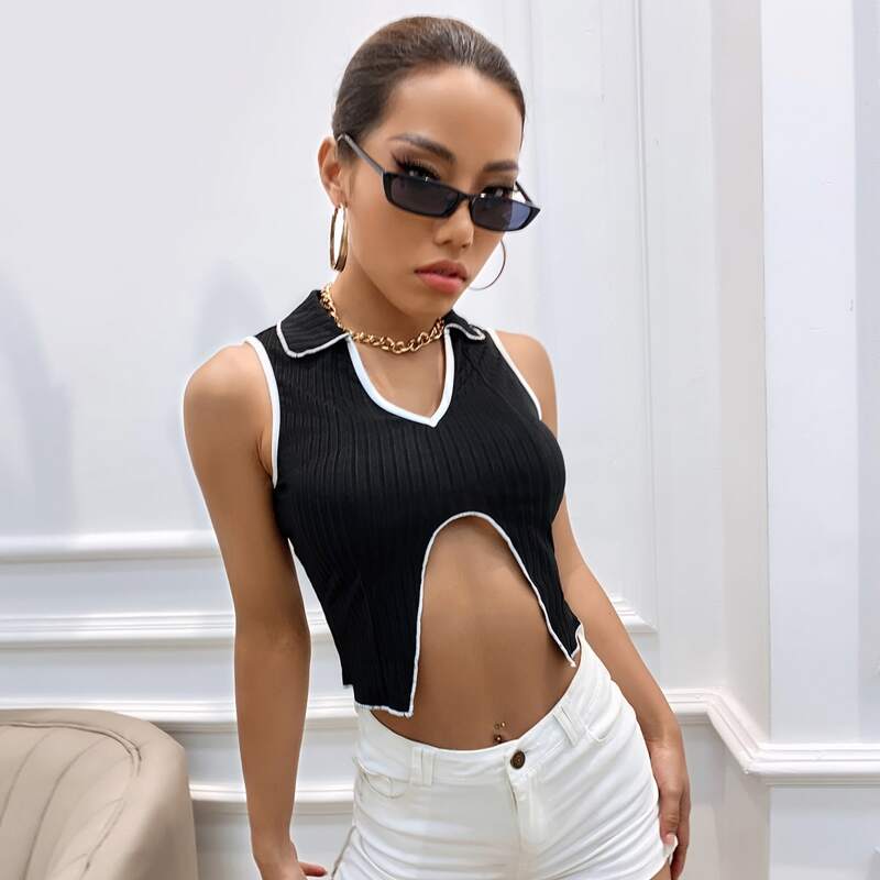 

V-neck Collared Asymmetrical Hem Tank Top, Black